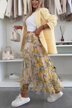 Summer Lemon Print Elastic Waist Tulle Holiday Midi Skirt