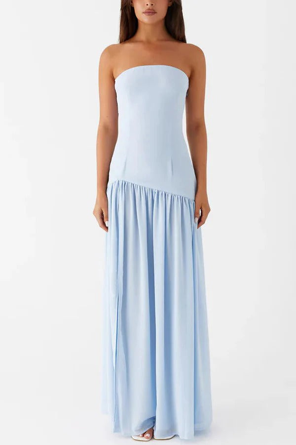 Lizzy Exclusive Strapless Semi Sheer Patchwork Chiffon Maxi Dress Statement Occasion Edit