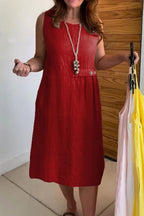Linen Blend Solid Color Round Neck Sleeveless Loose Pocket Midi Dress