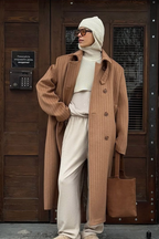 Vintage Pinstripe Notch Collar Long Wool Overcoat