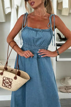 Stylish Square Neck Halter Backless Fitted Waist Pleated Casual Denim Maxi Dress