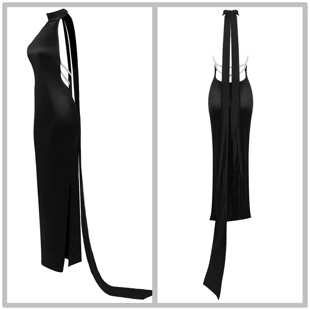 High Neck Satin Bareback Sleeveless Long Dress