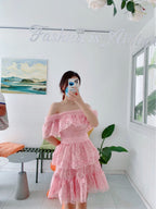 Floral Embroidered Off Shoulder Tiered Mini Dress - Blush Pink