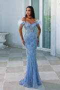 Feathers Beaded Long Prom Formal Gowns