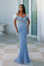 Feathers Beaded Long Prom Formal Gowns