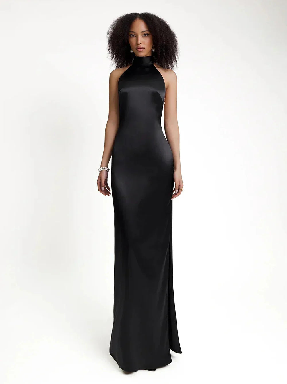 High Neck Satin Bareback Sleeveless Long Dress