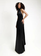 High Neck Satin Bareback Sleeveless Long Dress