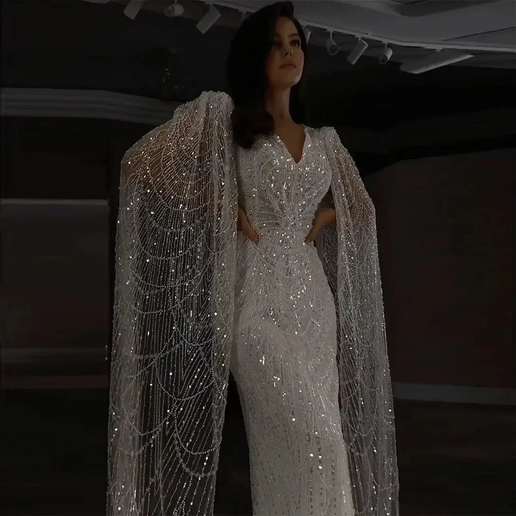 White Feather Mermaid Evening Dresses Cape Sleeves