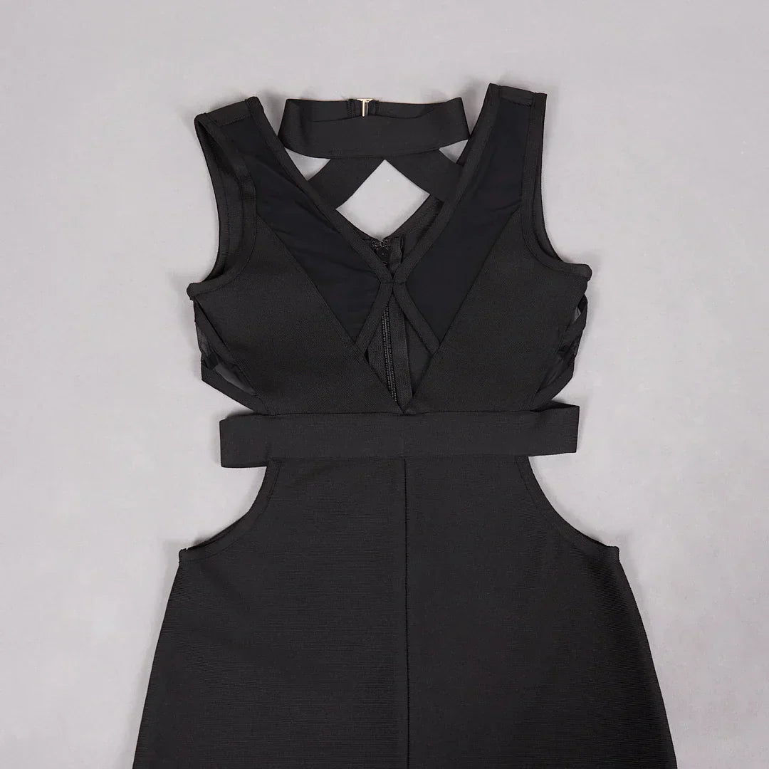 Black Mesh Patchwork Hollow Long Dress
