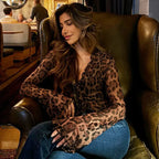 Leopard Mesh Chiffon Lace Sheer Top