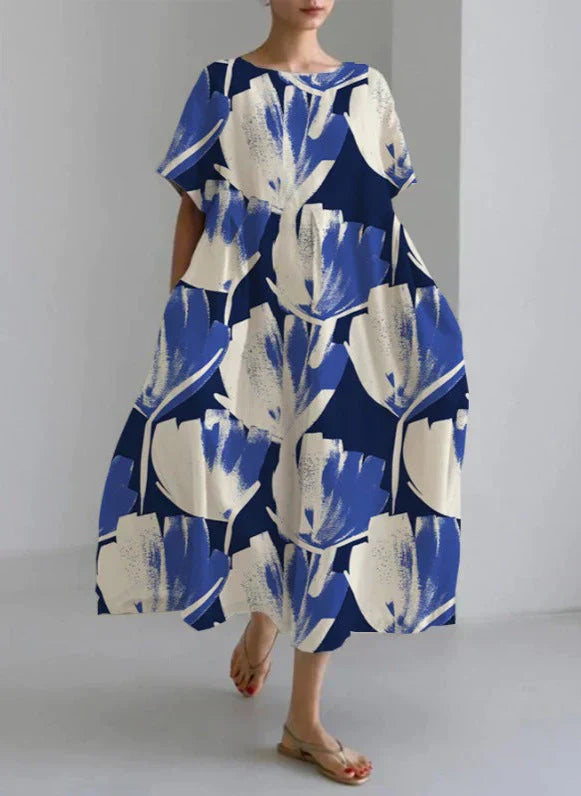 Fortunata Chic Loose Round Neck Dress Elevated Occasion Wear