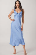 Anyat Blue Satin Ruffle Midi Dress