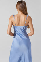 Anyat Blue Satin Ruffle Midi Dress
