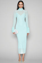 Abrife Blue Sheer Mesh Maxi Dress