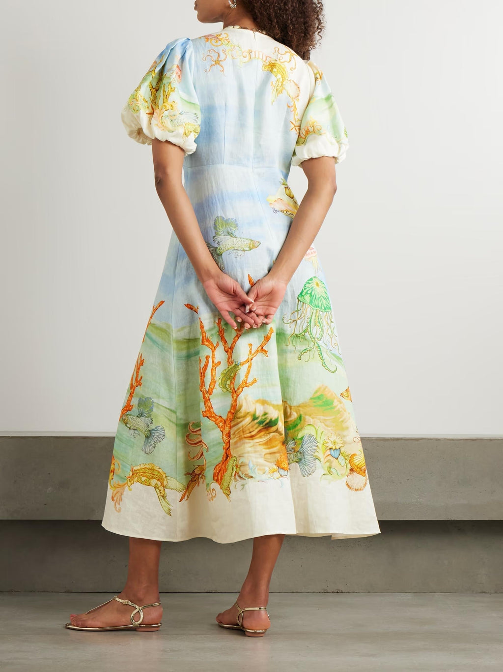 Gathered Printed Linen Gauze Midi Dress