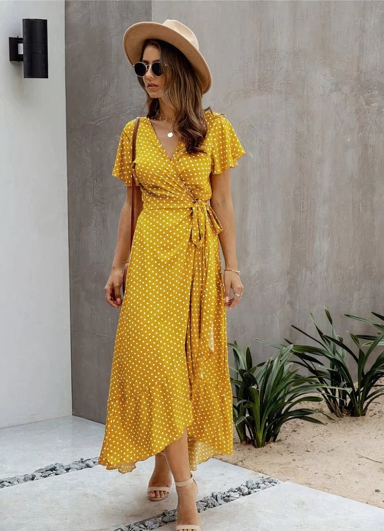 Victoria Timeless Yellow Midi Dress with Polka Dots Designer Edit