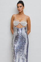 Zeitd Silver Sequin Backless Maxi Dress