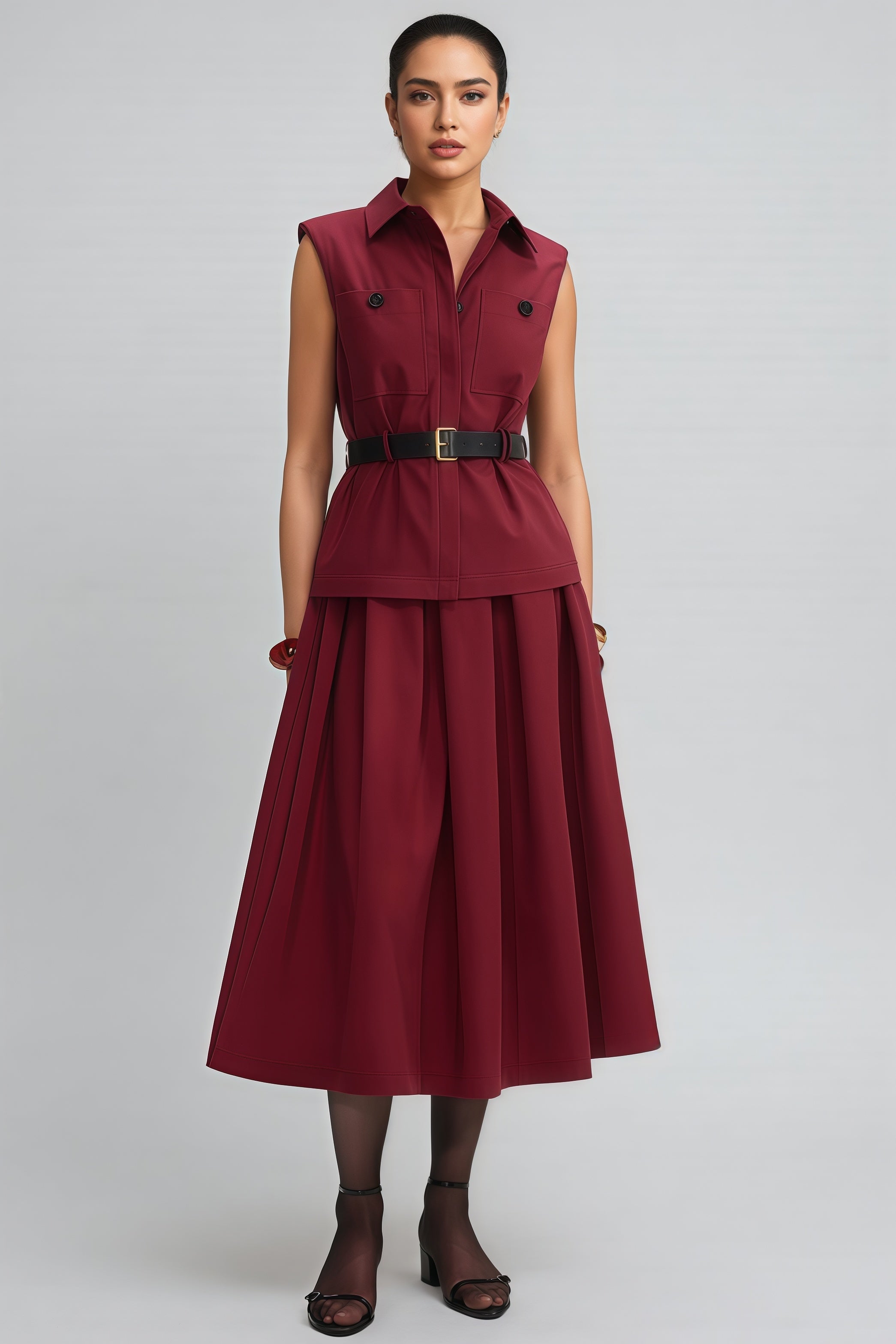 Raelith Red Twill Belted Midi Dress Set