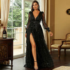 Adult Slit Black V - neck Long Sleeve Mesh Stitching Princess Elegant High - End Evening Dress for