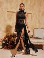 High Neck Split Flower Maxi Dress In Black