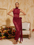 High Neck Split Flower Maxi Dress In Wine