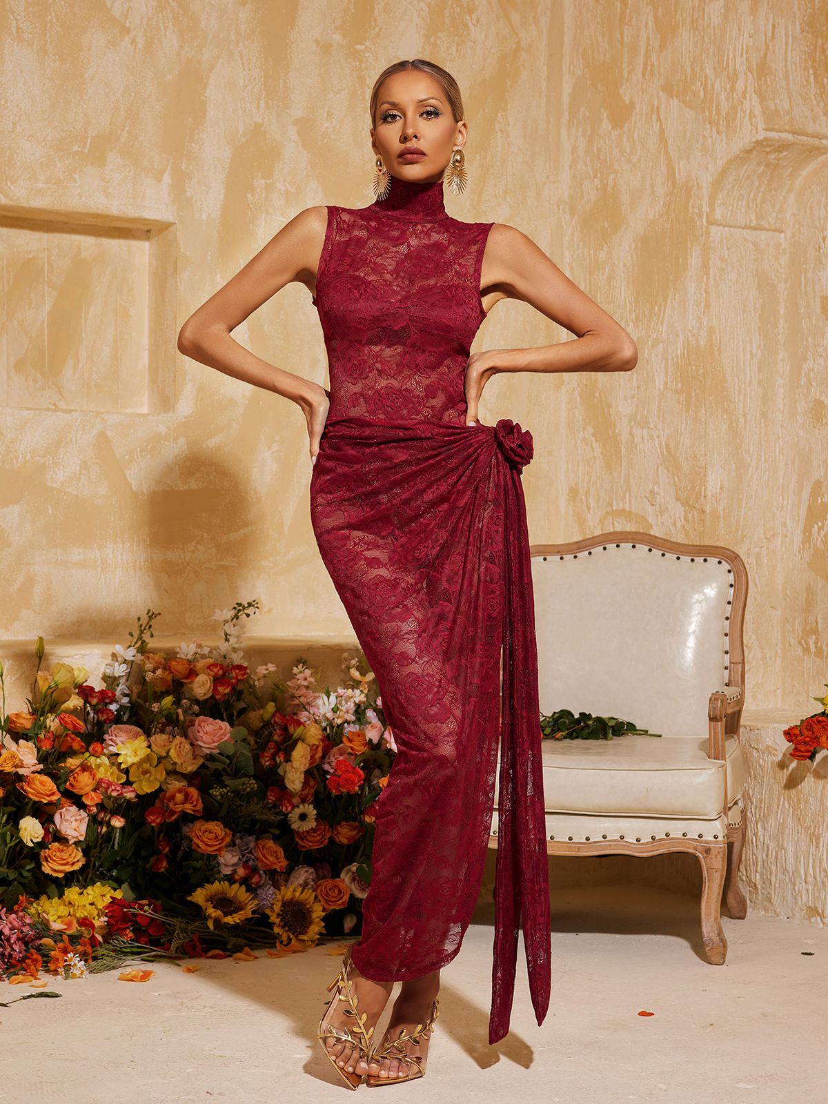 High Neck Split Flower Maxi Dress In Wine