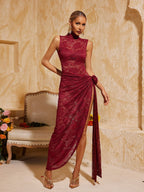 High Neck Split Flower Maxi Dress In Wine