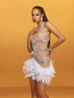 Halterneck Rhinestone Feather Mini Dress