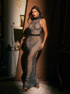 High Neck Rhinestone Cutout Maxi Dress