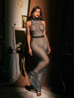 High Neck Rhinestone Cutout Maxi Dress