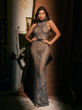 High Neck Rhinestone Cutout Maxi Dress