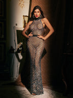 High Neck Rhinestone Cutout Maxi Dress
