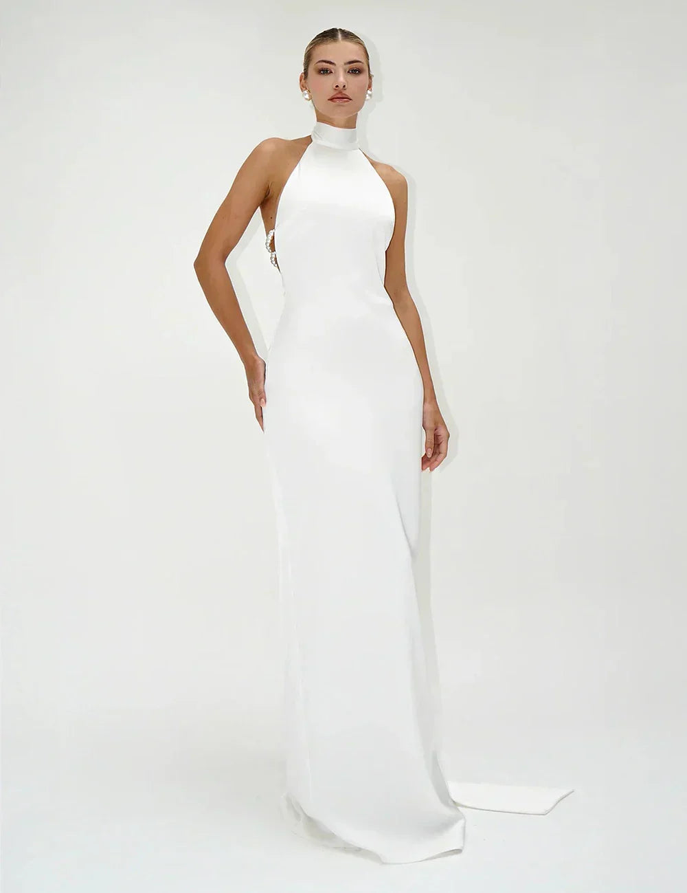 High Neck Satin Bareback Sleeveless Long Dress