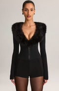 Fur-Trim Playsuit in Black