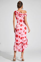 Eugene Pink Rose Print One Shoulder Midi Dress