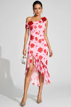 Eugene Pink Rose Print One Shoulder Midi Dress