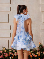 Backless Flower Printed Bow Mini Dress In Blue
