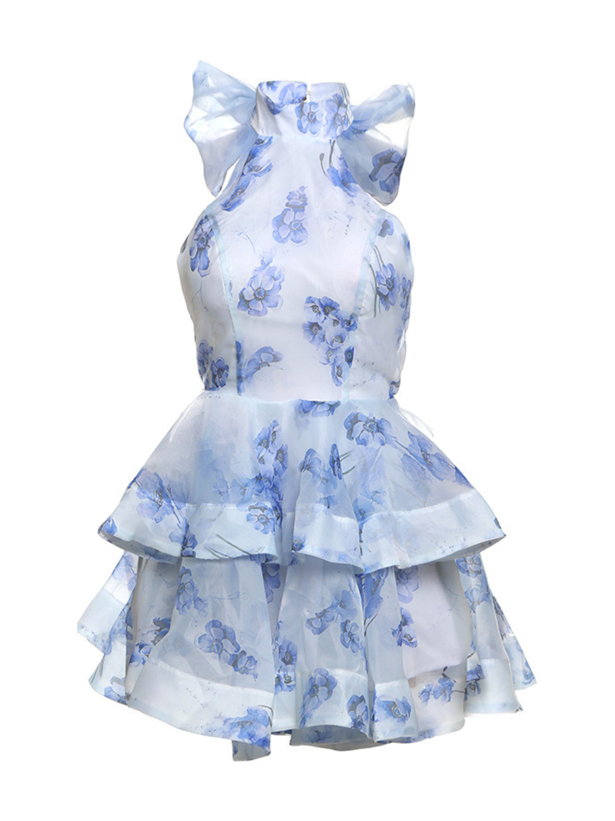 Backless Flower Printed Bow Mini Dress In Blue