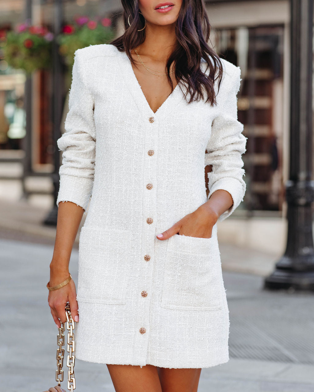 Alexandria Pocketed Button Down Tweed Dress Ivory