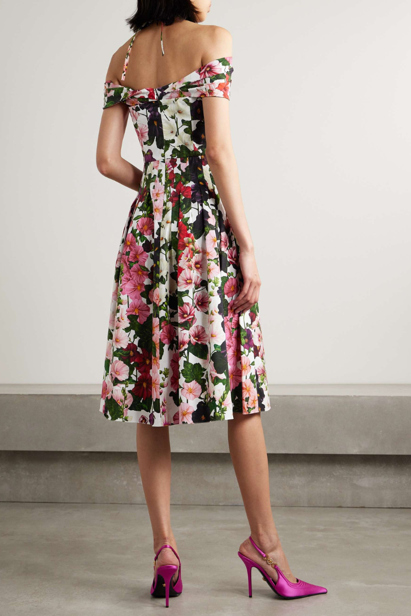 Silvia Minimalist Off the Shoulder Floral Midi Dress Boutique Collection