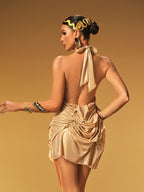 Halterneck Ruched Mini Dress In Gold