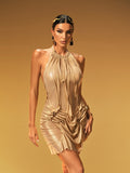 Halterneck Ruched Mini Dress In Gold