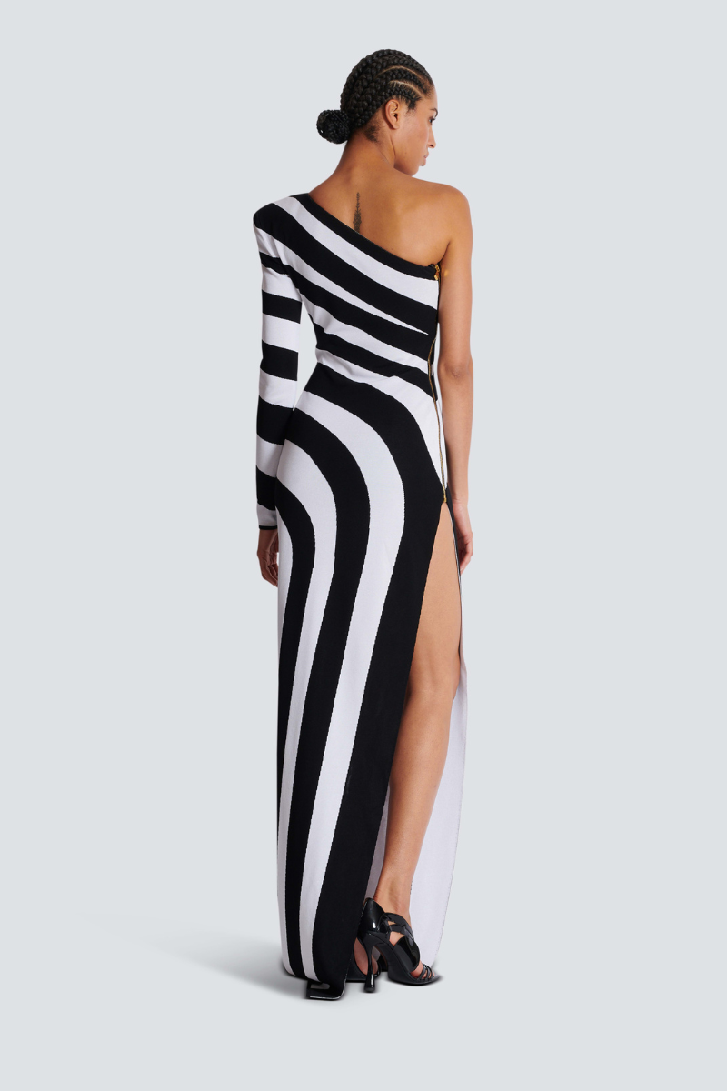 Alicia Timeless One Shoulder Slit, Asymmetric Striped Maxi Dress Evening Wear Edit