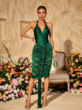 Halterneck Cutout Draped Satin Midi Dress