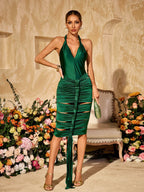 Halterneck Cutout Draped Satin Midi Dress