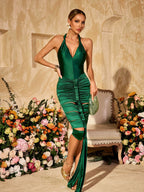 Halterneck Cutout Draped Satin Midi Dress