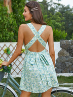 Allover Floral Print Plunging Neck Tied Backless Dress