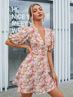 Allover Floral Print Puff Sleeve V neck Dress
