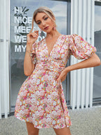 Allover Floral Print Puff Sleeve V neck Dress