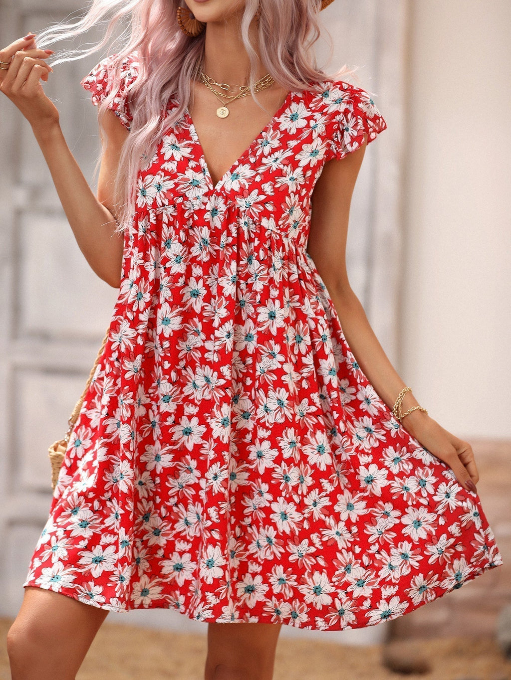 Allover Print V Neck Smocked Flare Dress
